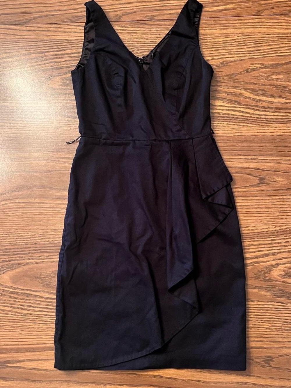 White House Black Market Black Sleeveless V-Neck Mini Dress with Side Ruffle